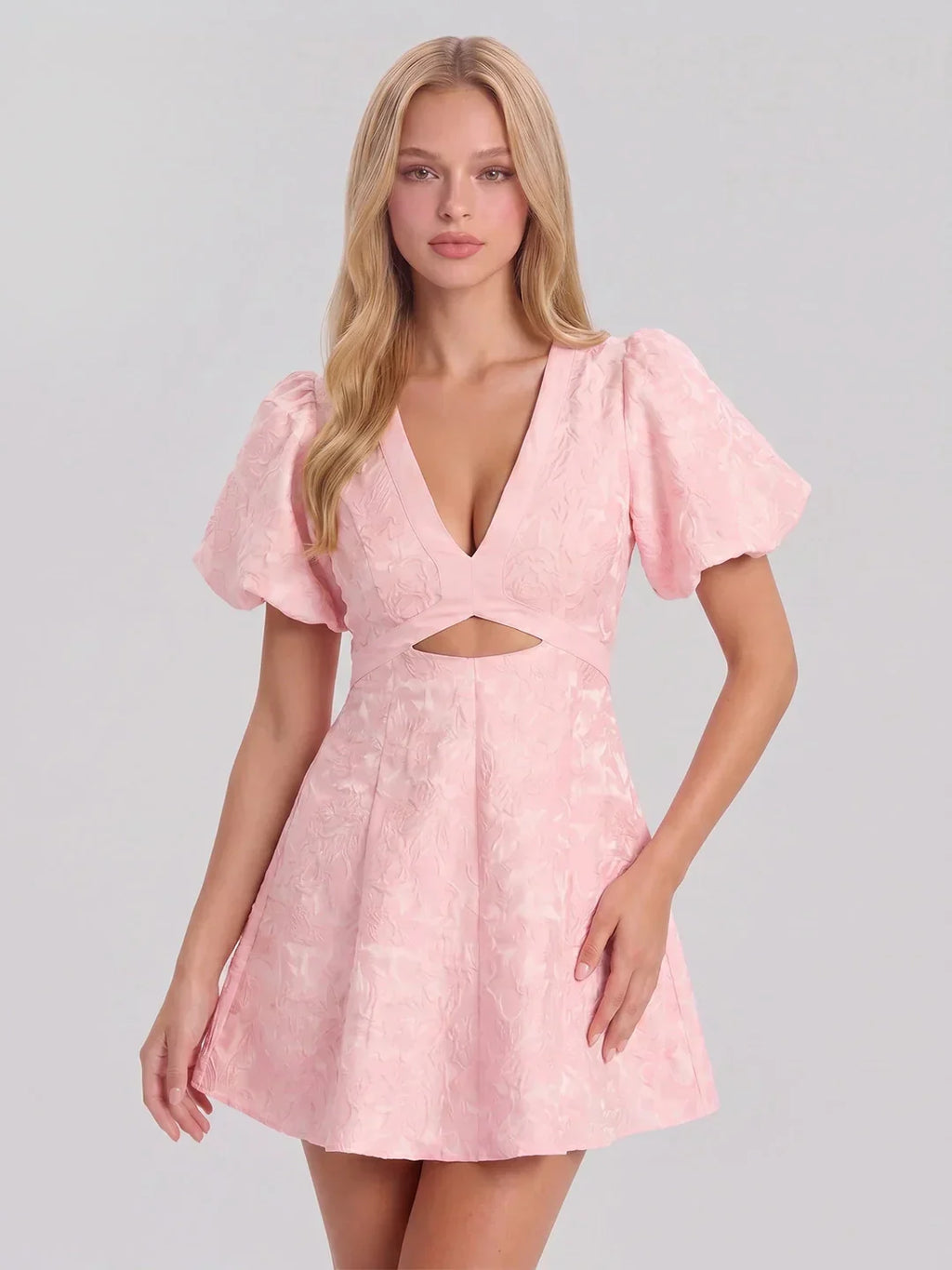 Floral Jacquard V Neck Fit and Flare Dress