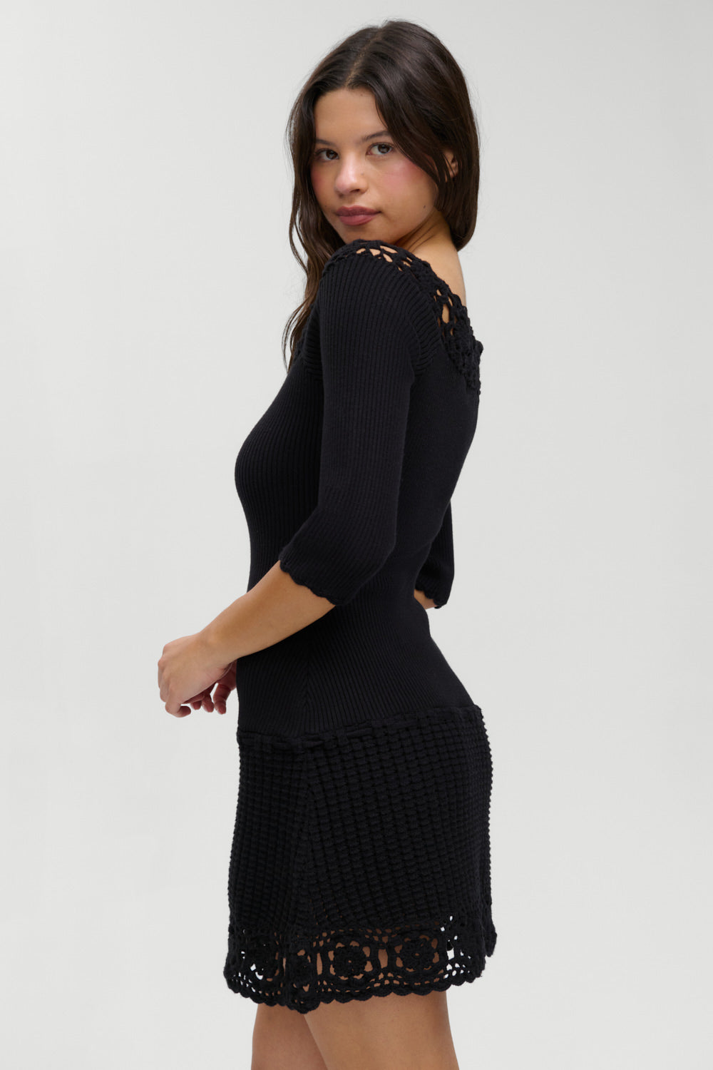 Kaia Crochet Knit Mini Dress - Black
