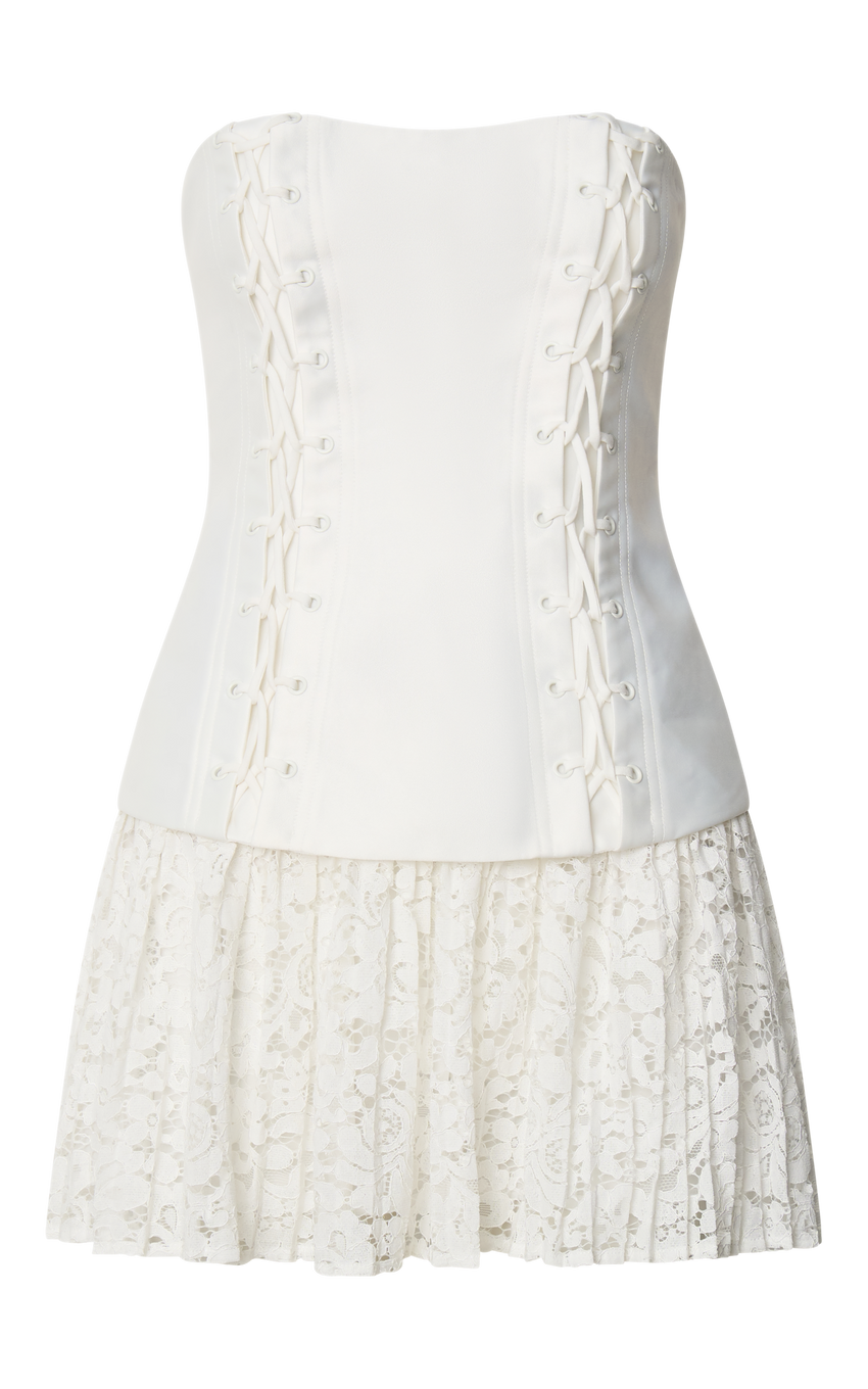 Emerie Mini Dress - Strapless Drop Waist Pleated Dress in Cream