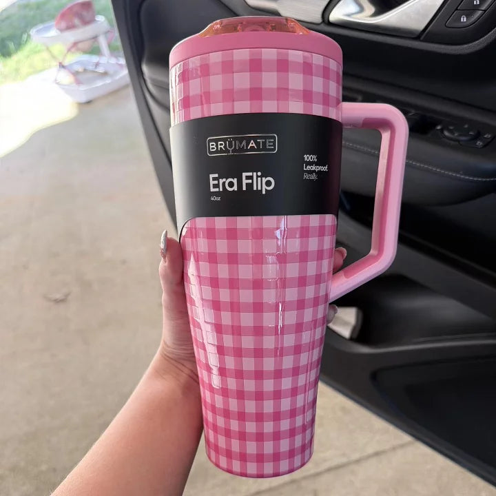 BruMate 40fl oz Stainless Steel Era Flip Straw Tumbler - Pink Gingham