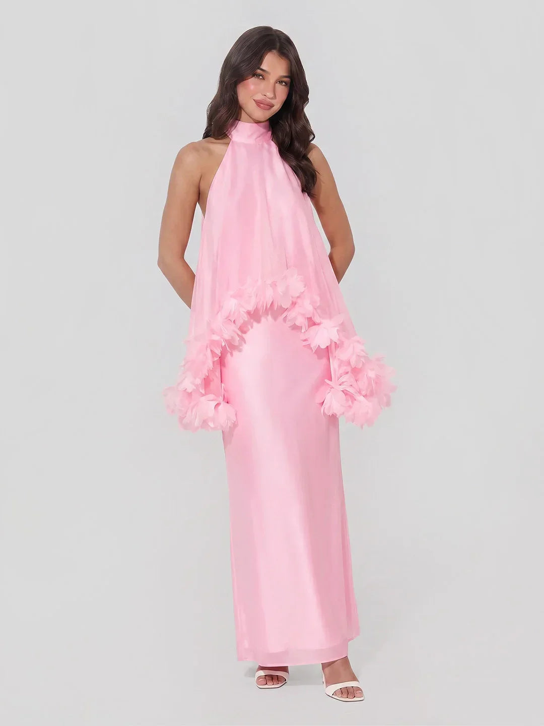 Halter Cape Gown with Finesse Floral Trim