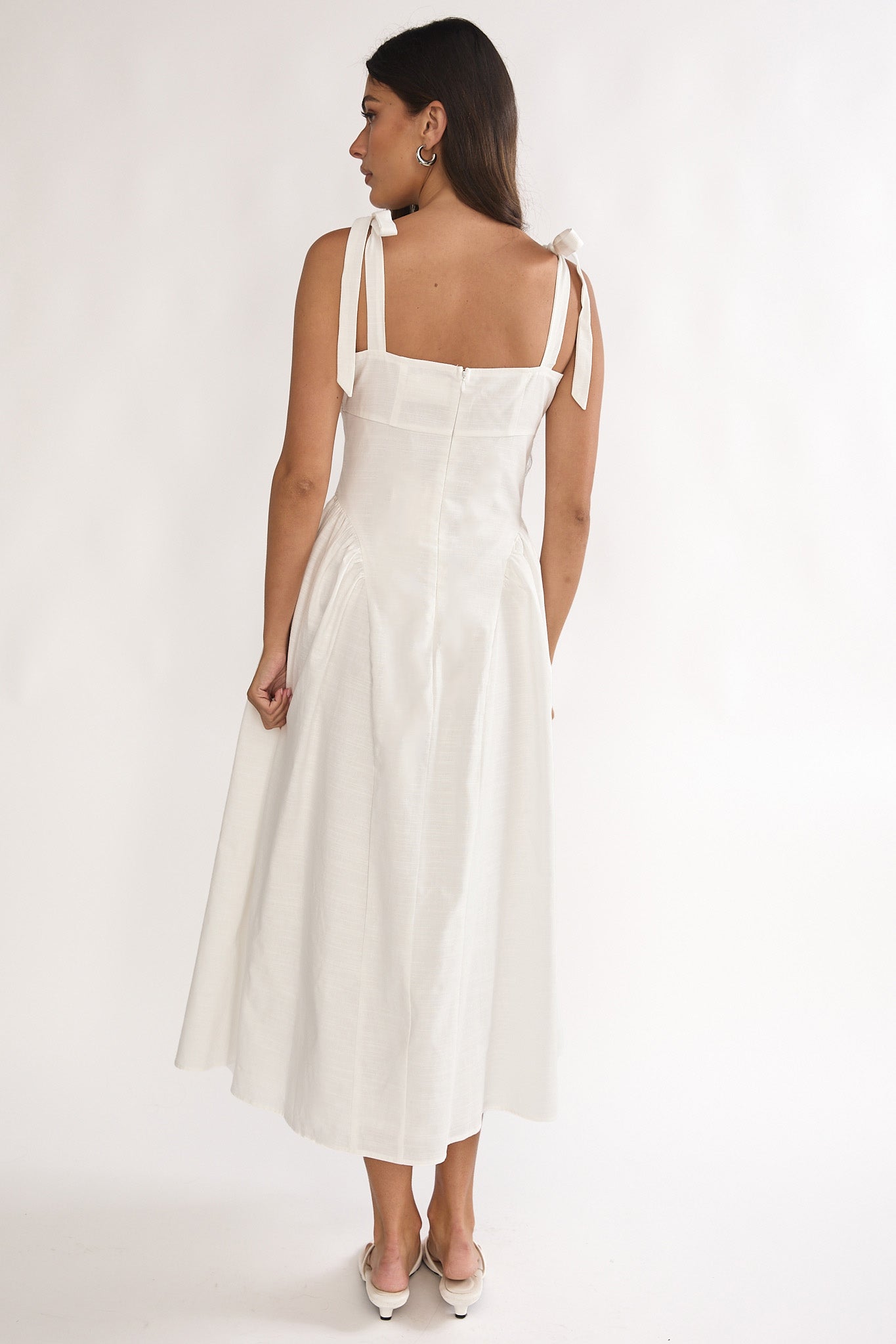 Morgana Tied Shoulder Applique Midi Dress Off White