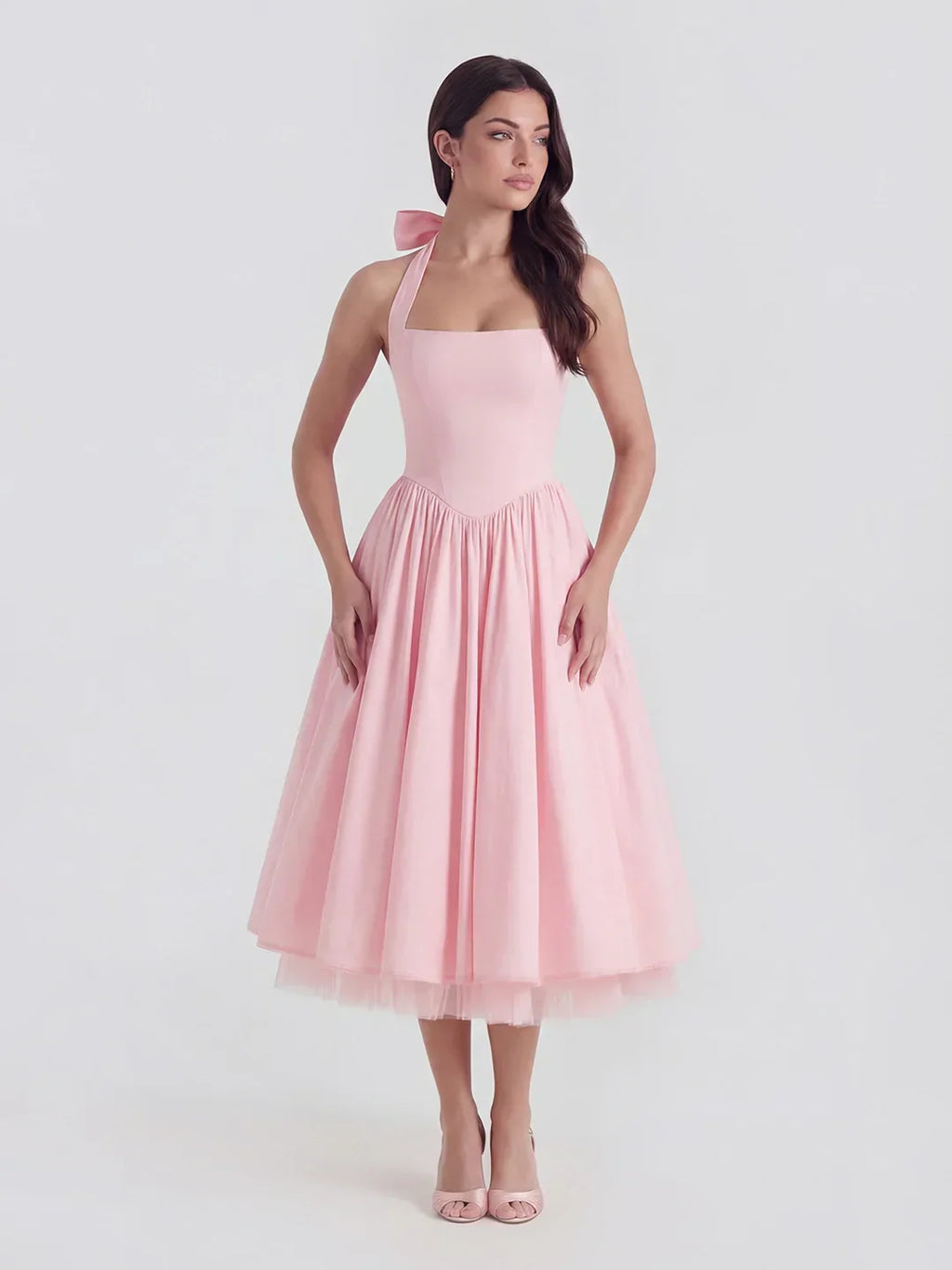 Lace-Up Halter Midi with Exposed Tulle Hem