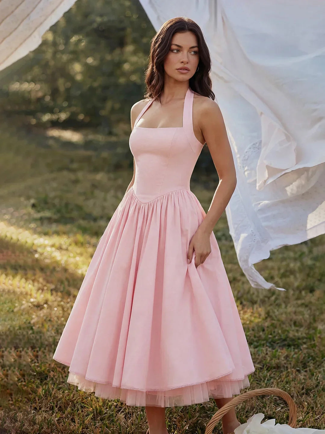 Lace-Up Halter Midi with Exposed Tulle Hem