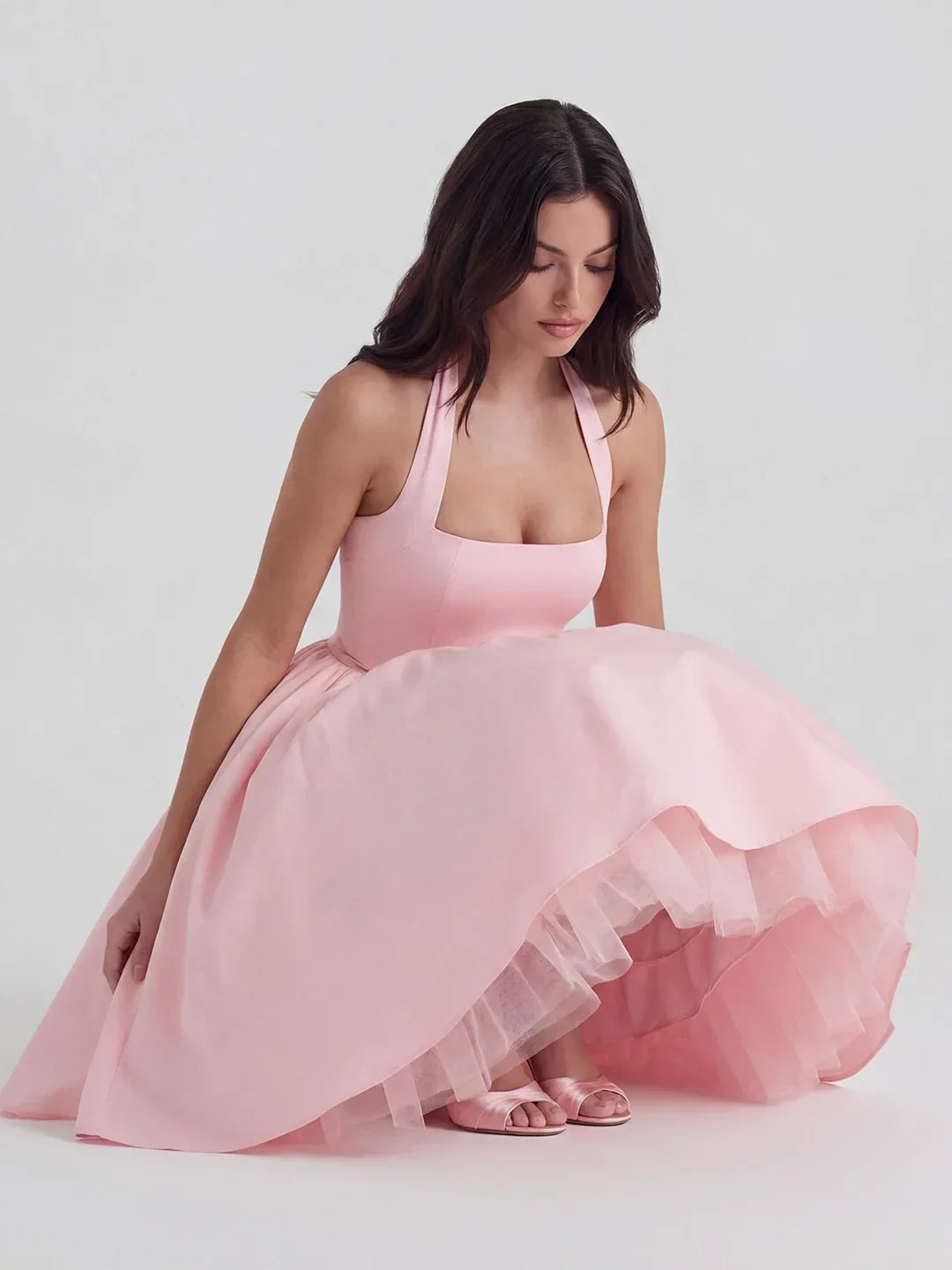 Lace-Up Halter Midi with Exposed Tulle Hem