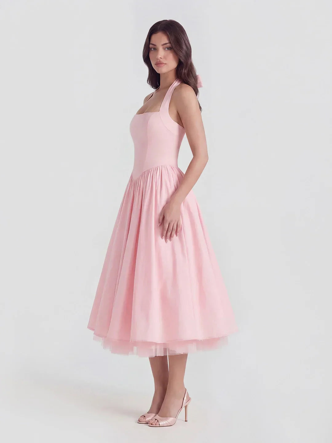 Lace-Up Halter Midi with Exposed Tulle Hem