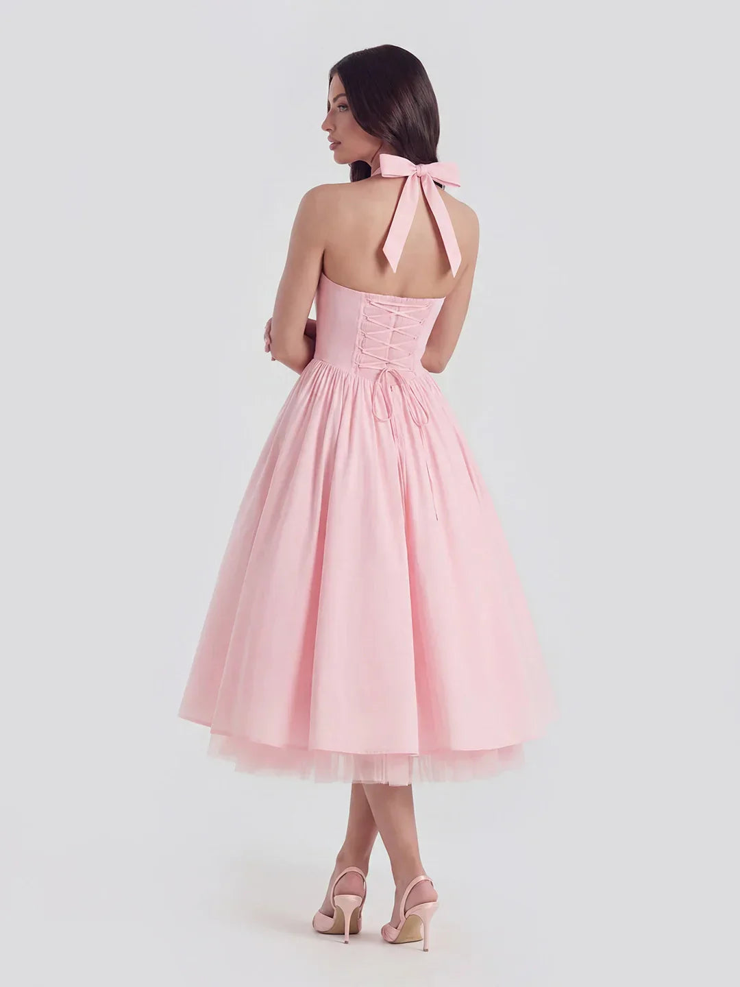 Lace-Up Halter Midi with Exposed Tulle Hem