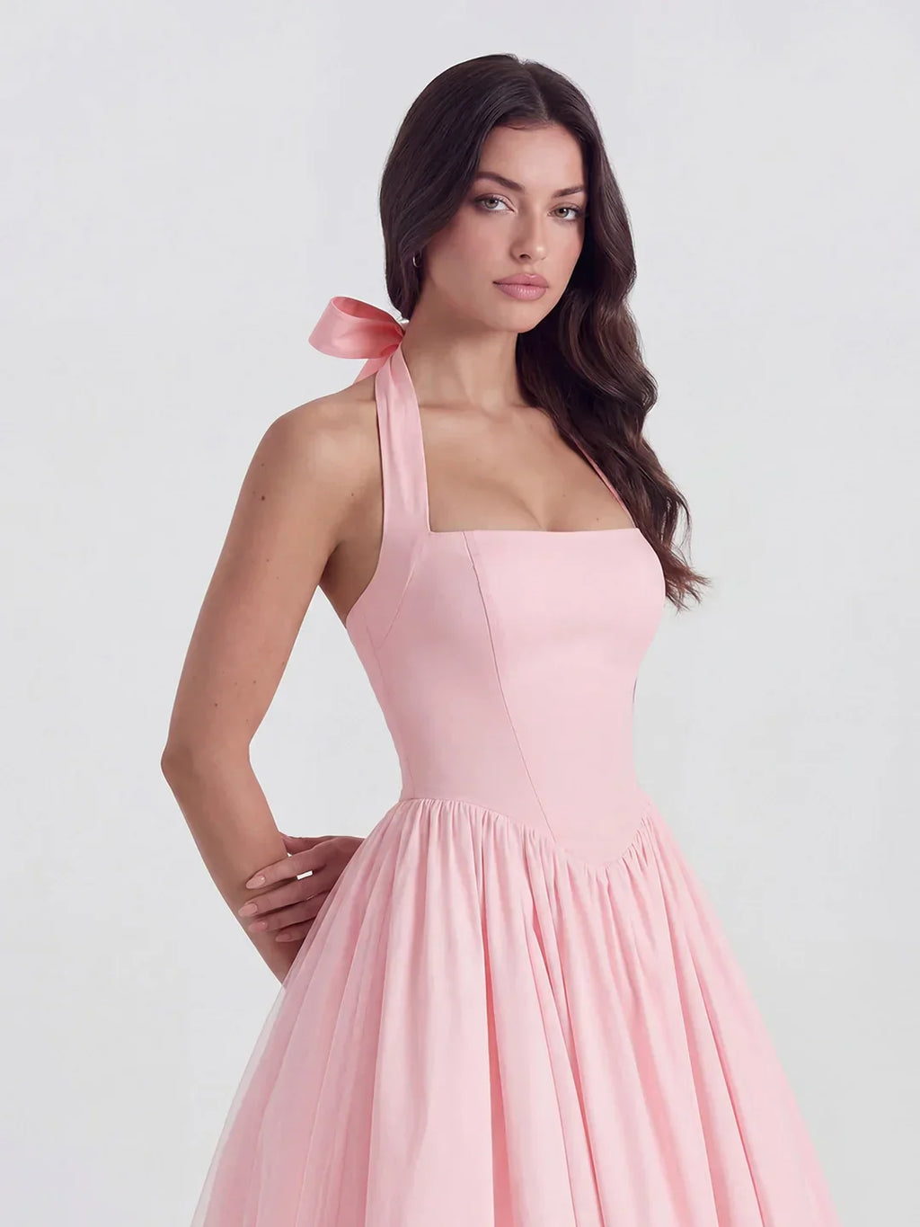 Lace-Up Halter Midi with Exposed Tulle Hem
