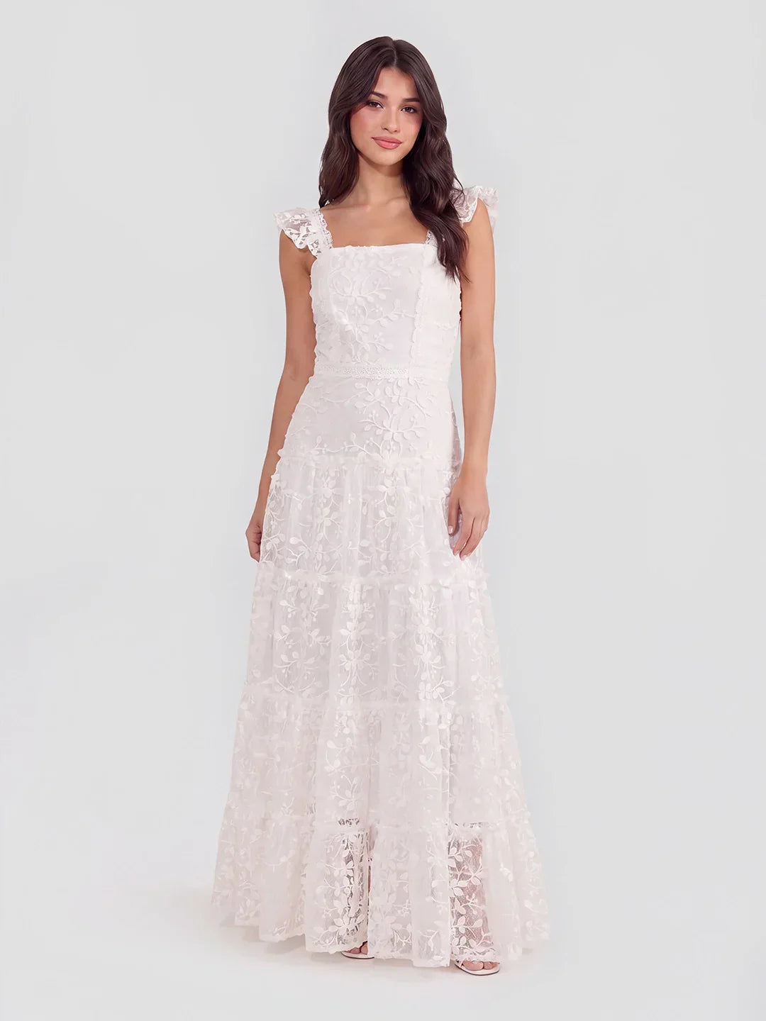 Tiered Vertical Lace Maxi Dress with Square Neckline