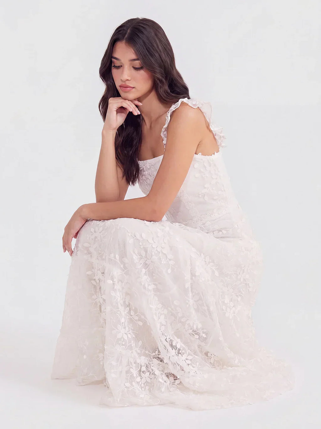 Tiered Vertical Lace Maxi Dress with Square Neckline
