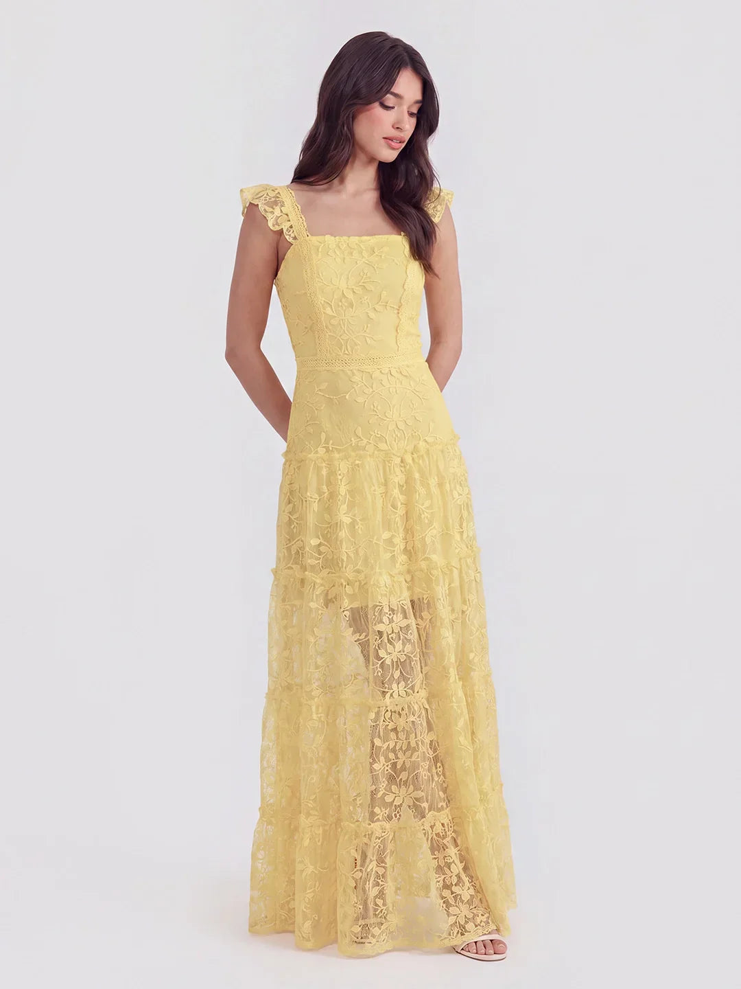Tiered Vertical Lace Maxi Dress with Square Neckline
