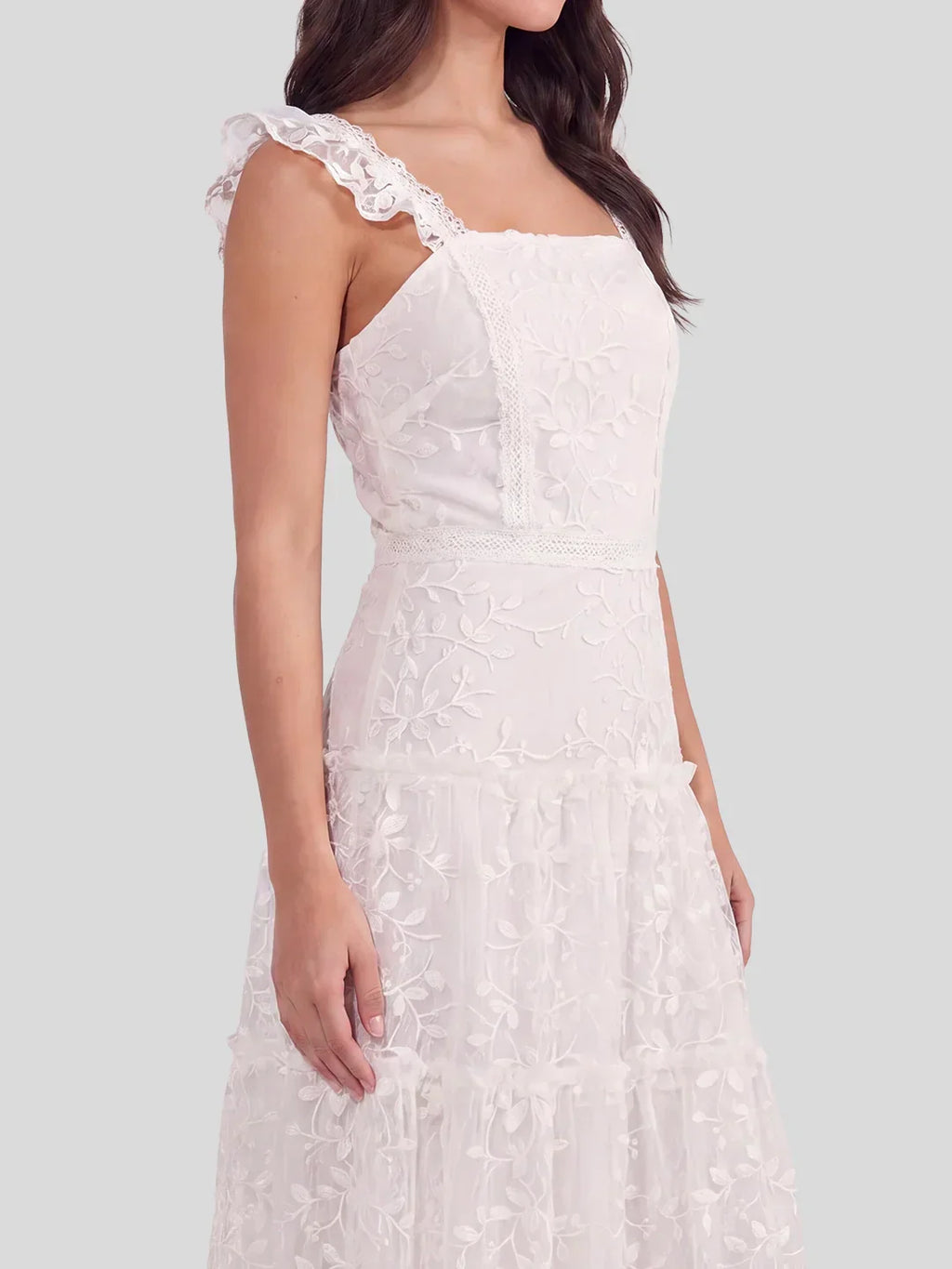 Tiered Vertical Lace Maxi Dress with Square Neckline