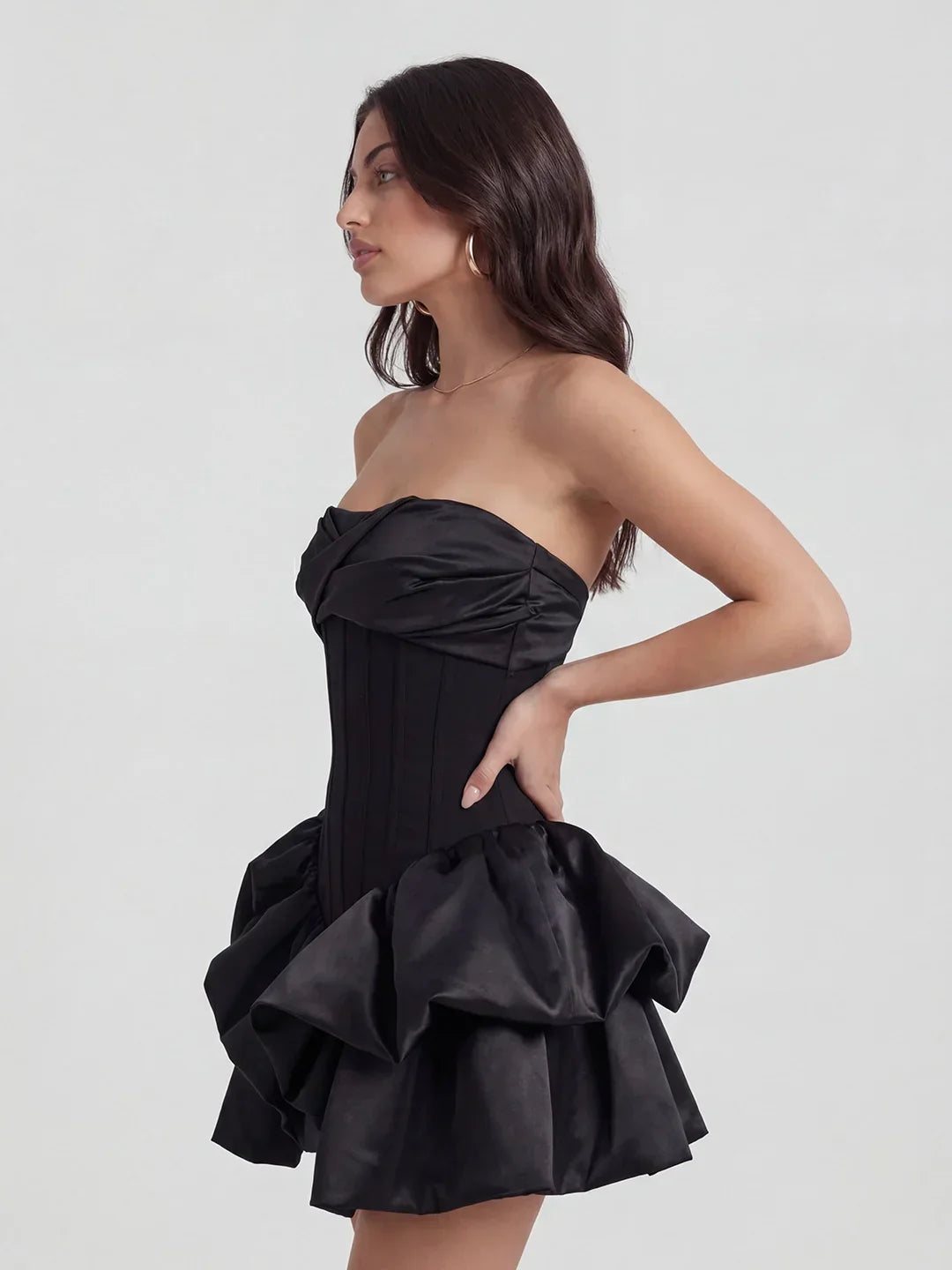 Lustrous Draped Bustier Tiered Ruffle Mini Dress