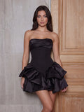 Lustrous Draped Bustier Tiered Ruffle Mini Dress