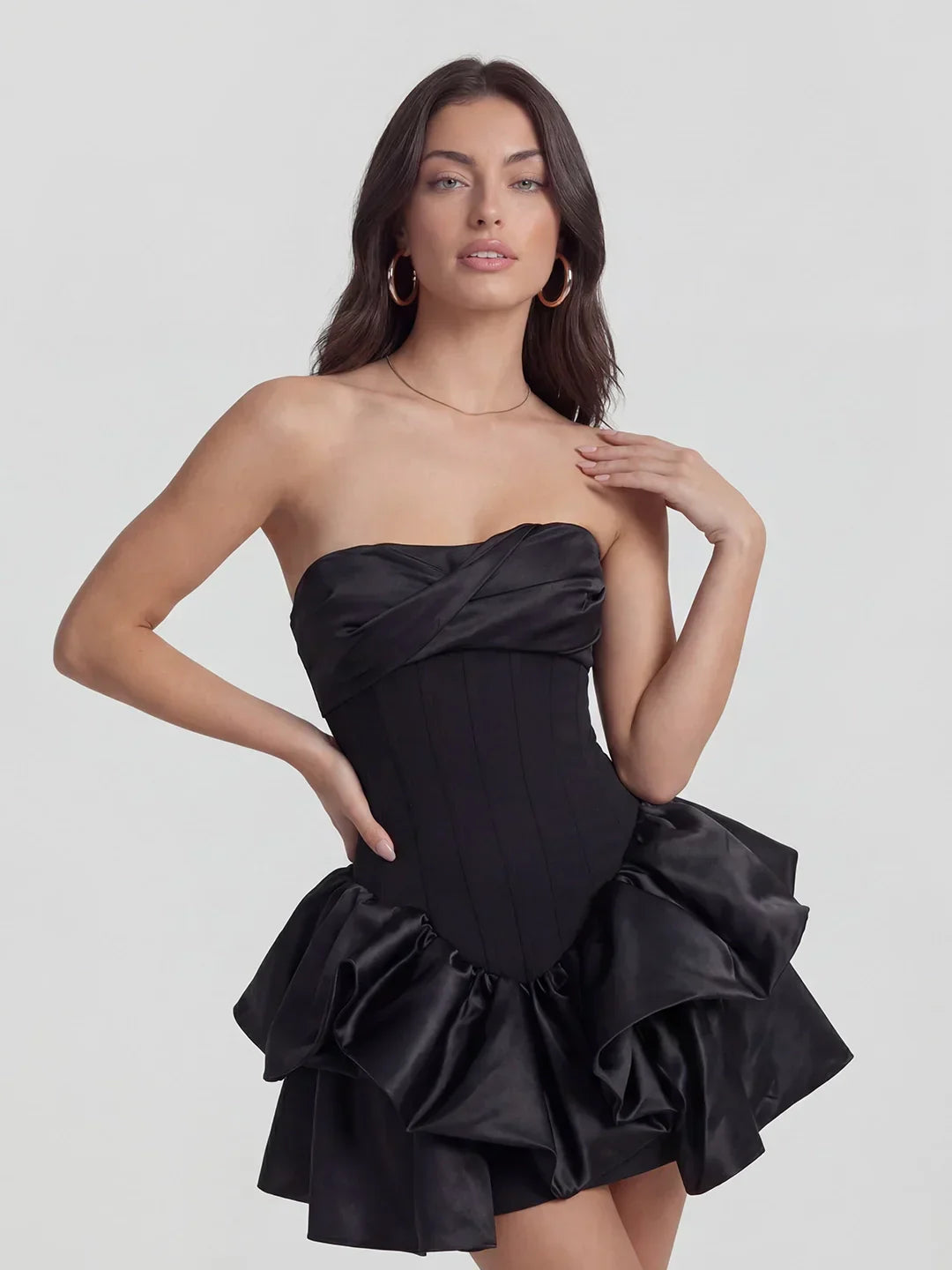 Lustrous Draped Bustier Tiered Ruffle Mini Dress