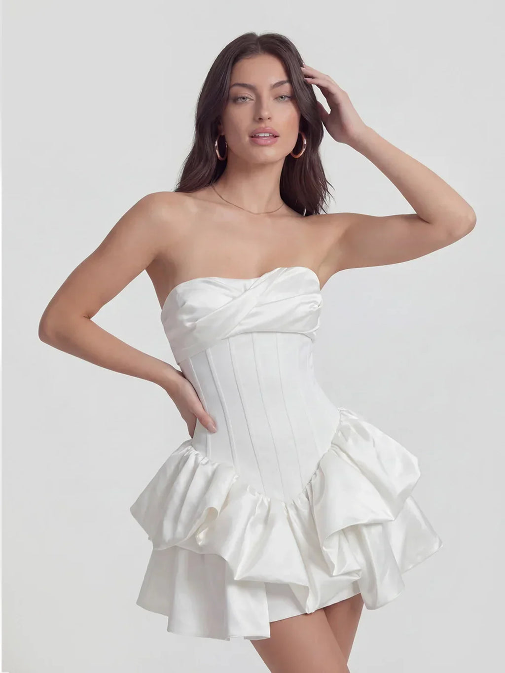 Lustrous Draped Bustier Tiered Ruffle Mini Dress