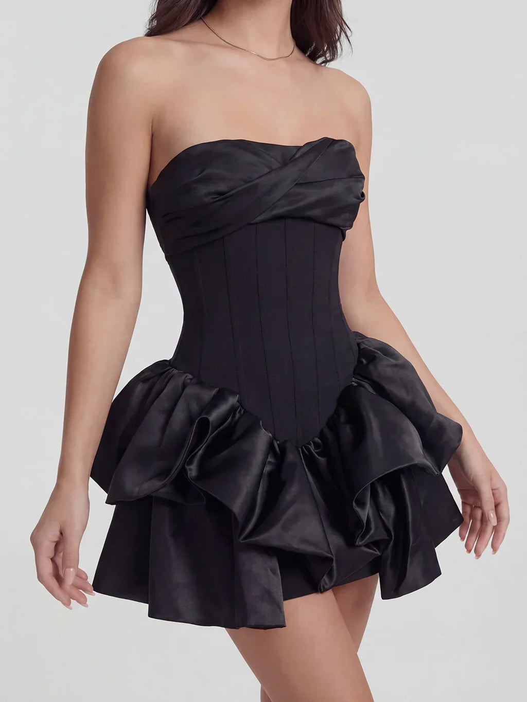 Lustrous Draped Bustier Tiered Ruffle Mini Dress