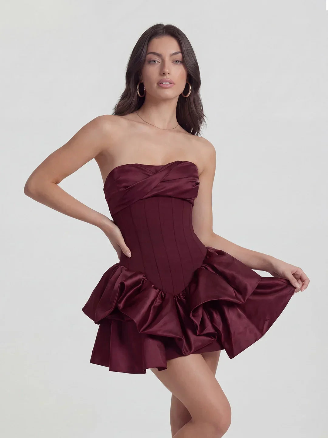Lustrous Draped Bustier Tiered Ruffle Mini Dress