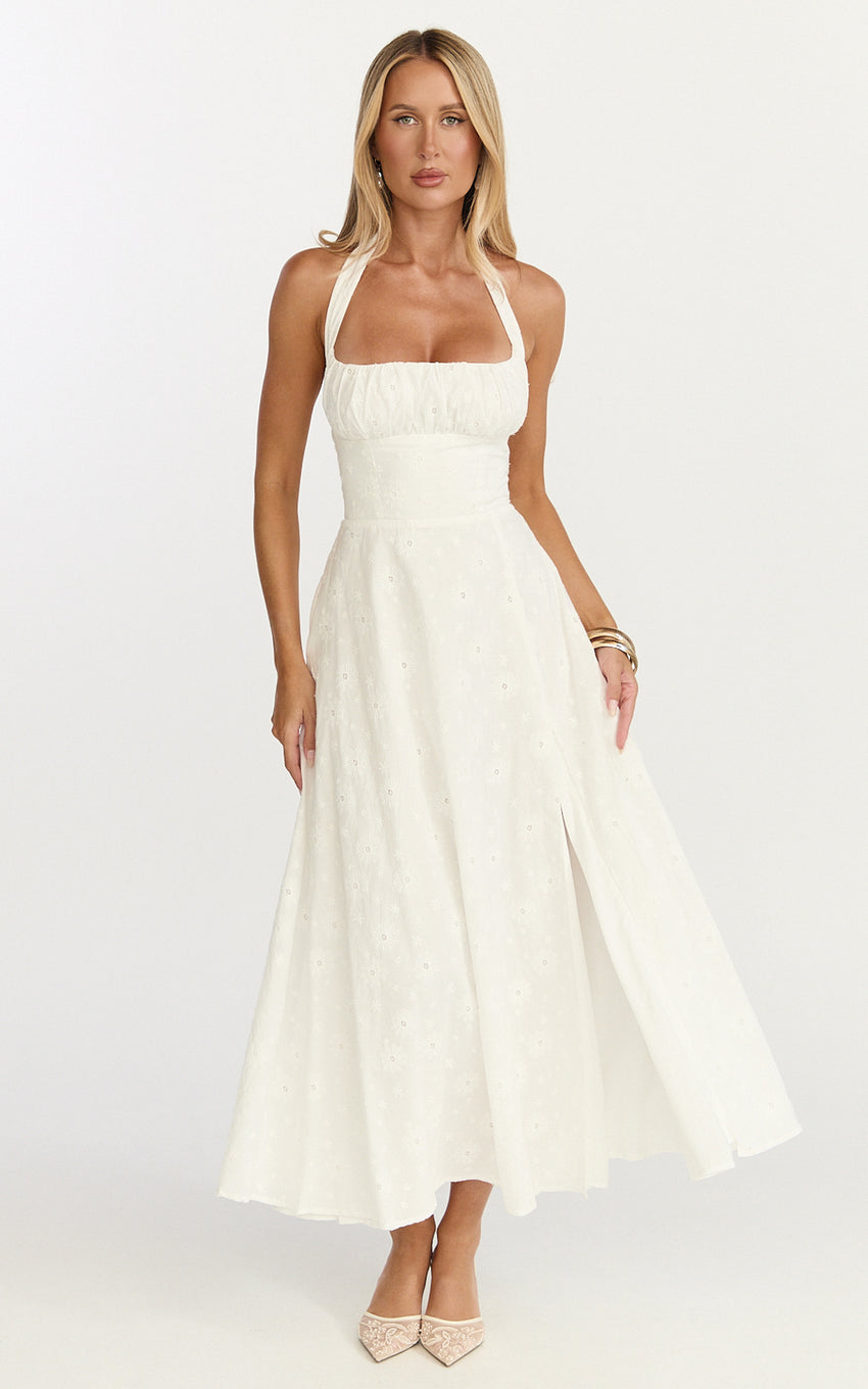 Lyra Midi Dress - Broderie Ruched Bust Halter Neck Dress in White