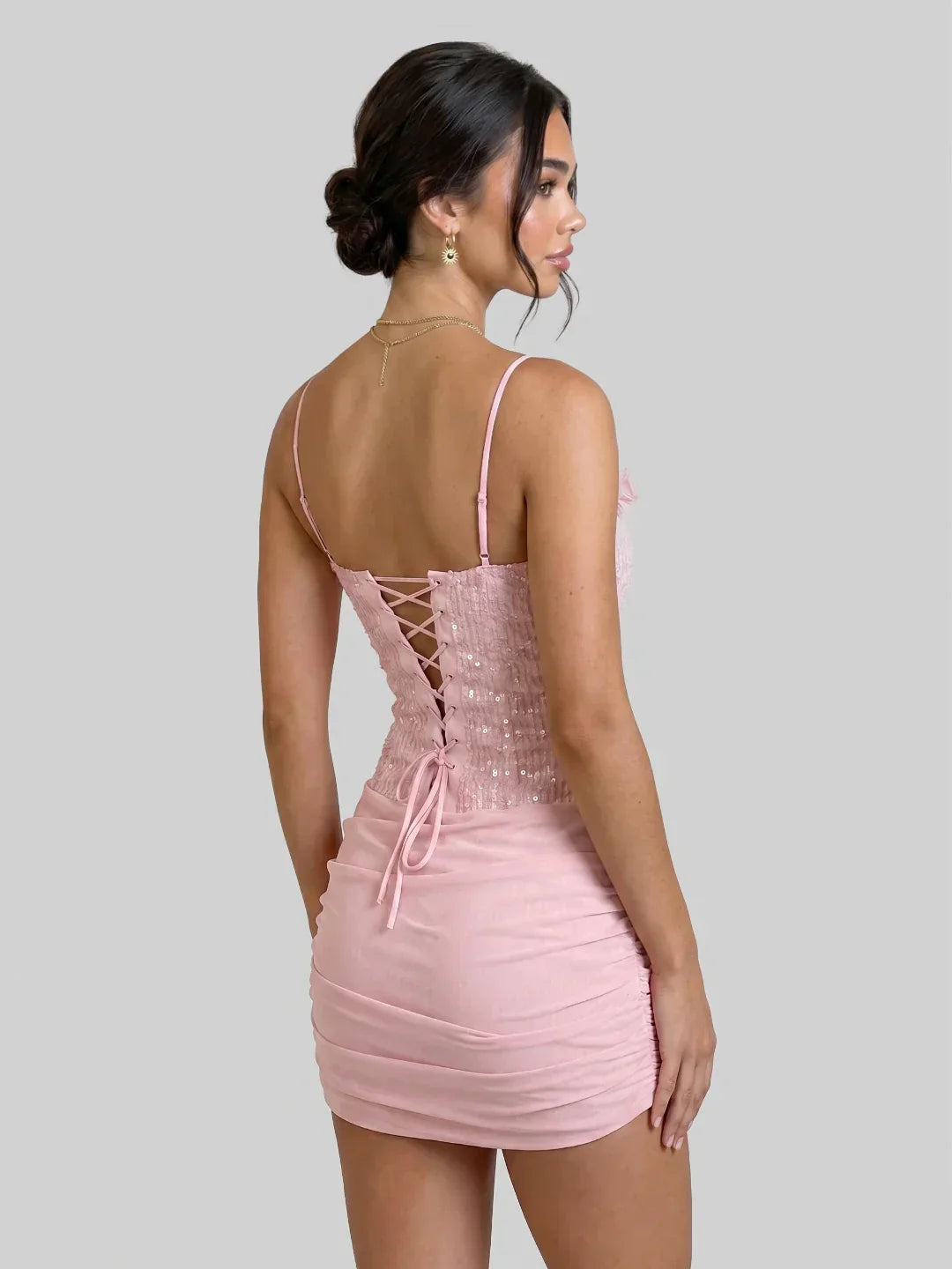 Corset-Back Sequin Mini with Draped Skirt