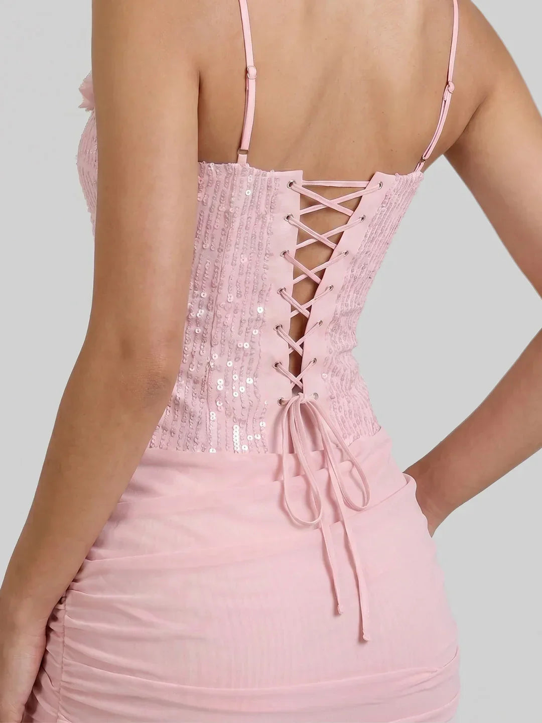 Corset-Back Sequin Mini with Draped Skirt