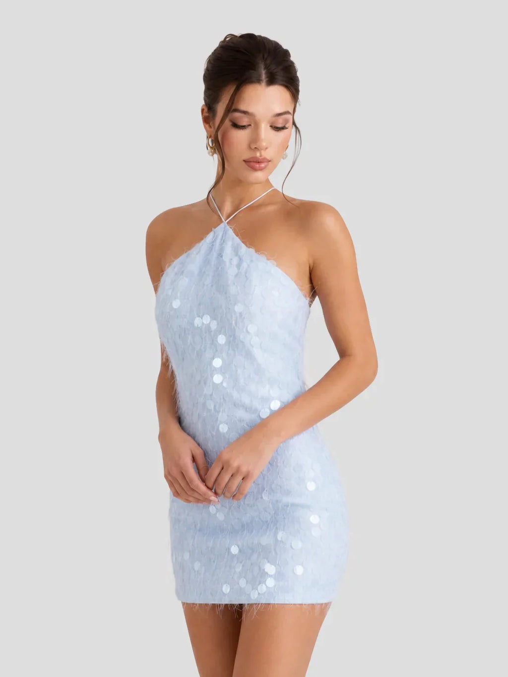 Sequin Feather Halterneck Mini Dress