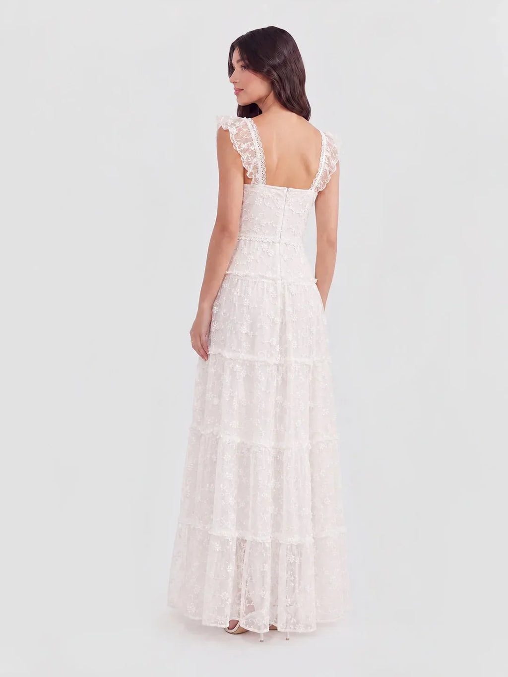 Tiered Vertical Lace Maxi Dress with Square Neckline