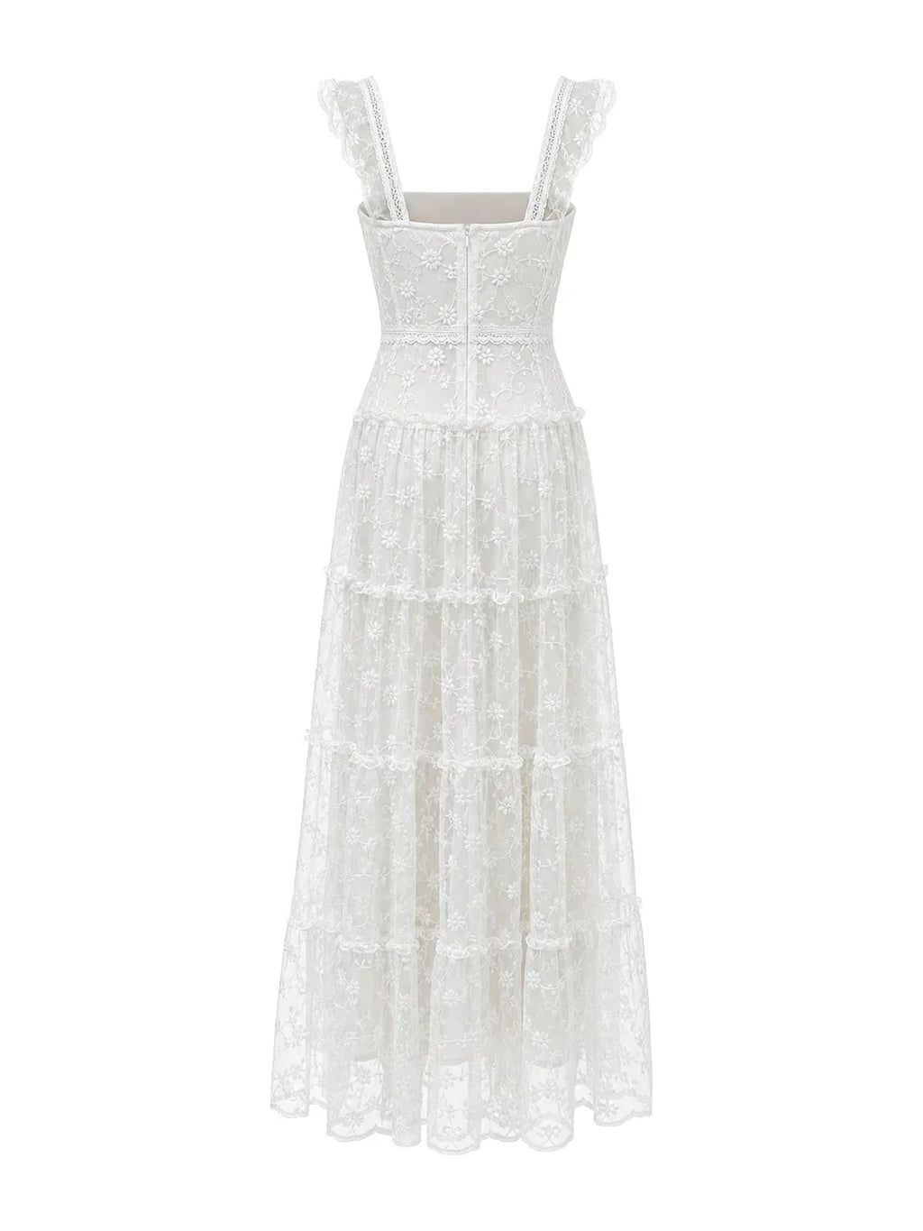 Tiered Vertical Lace Maxi Dress with Square Neckline