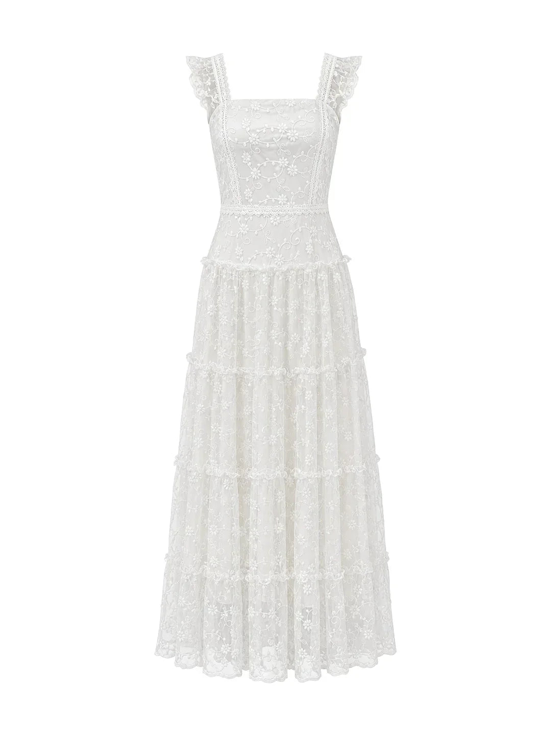 Tiered Vertical Lace Maxi Dress with Square Neckline