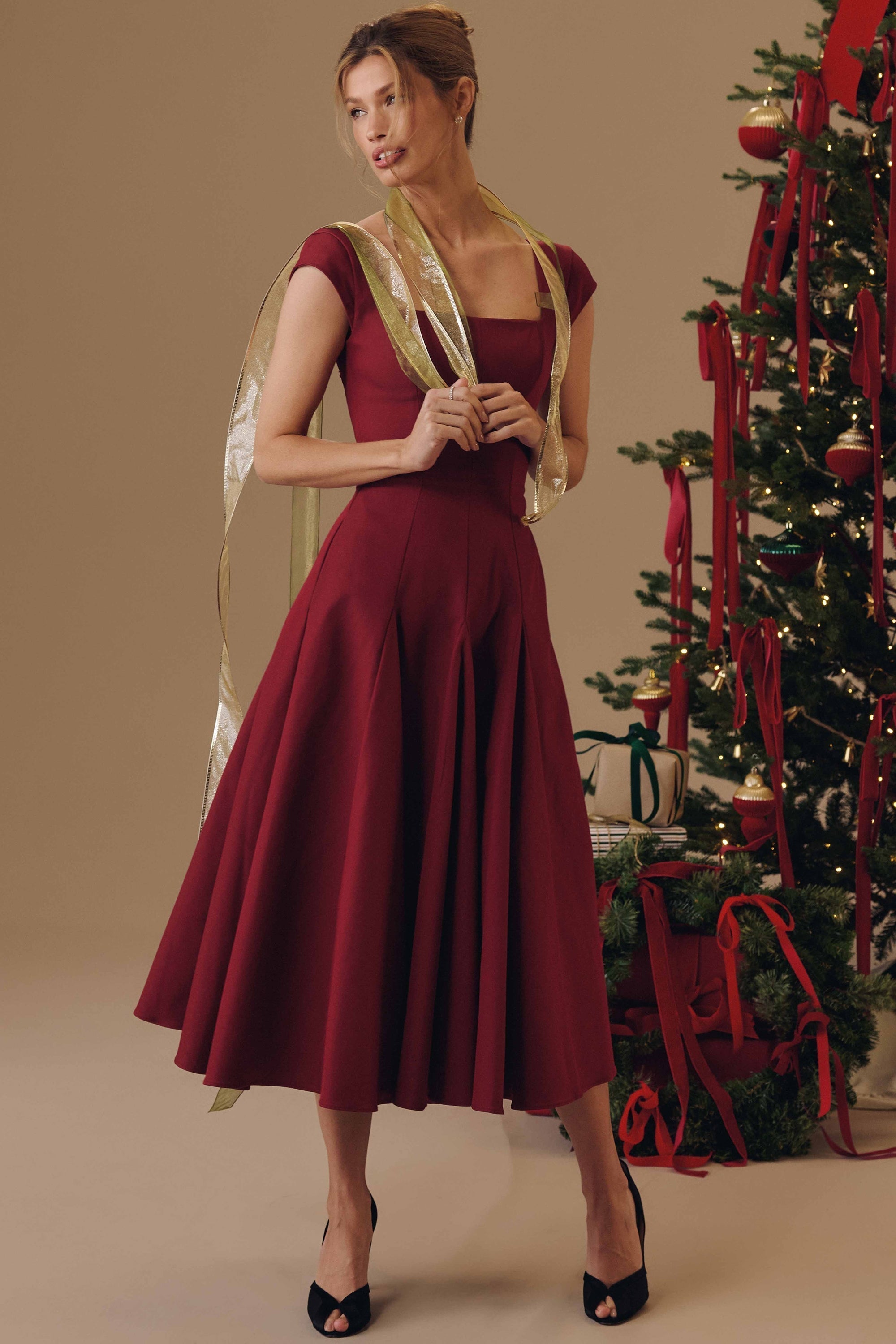 wine lace back twill midi dress