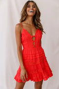 Riley Deep V-Neckline Ruffle Detail Dress Red