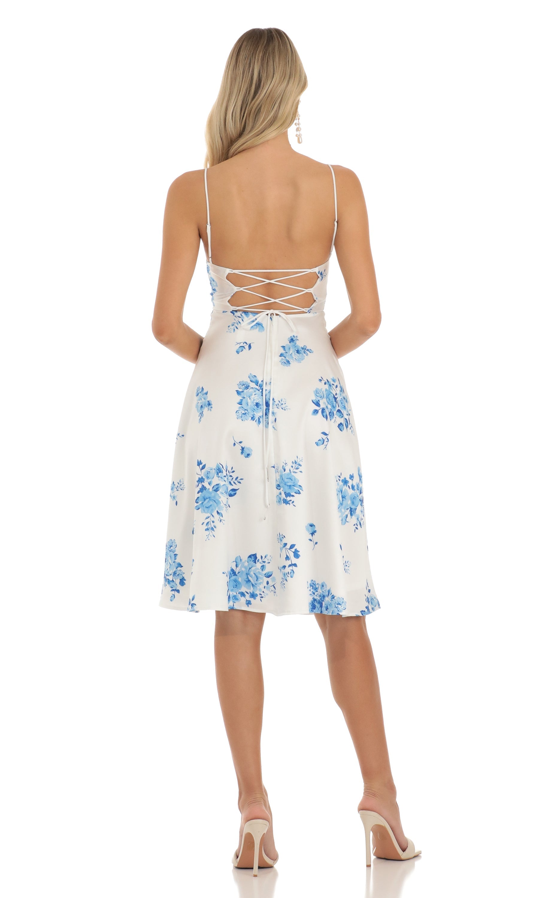 Satin Floral Midi Dress in White