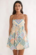 Terenza Tied Back Baby Doll Mini Dress Green Multi