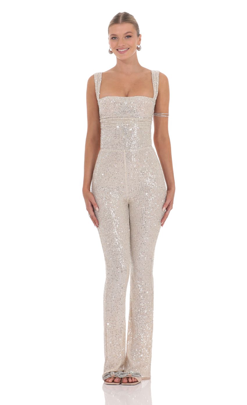 Sequin Back Tie Jumpsuit in Champagne