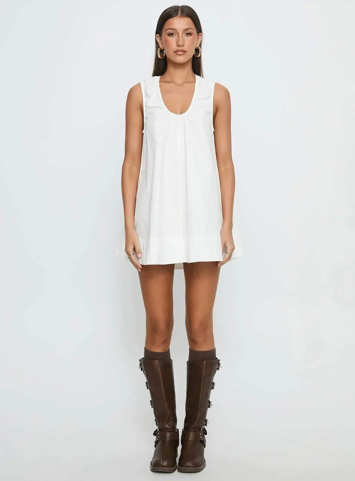 Eberta Ruched Baby Doll Mini Dress White