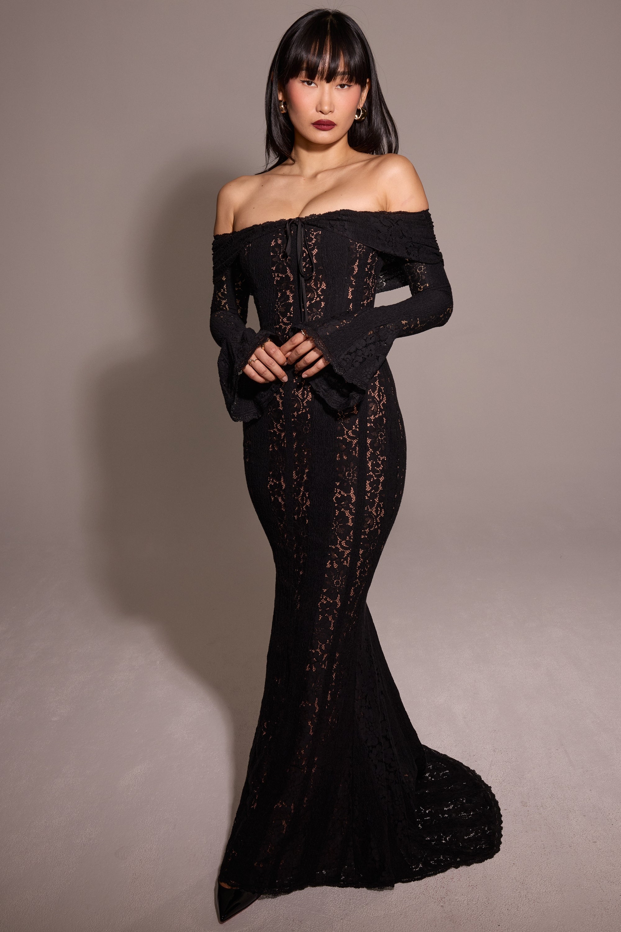 black off shoulder floral lace maxi dress