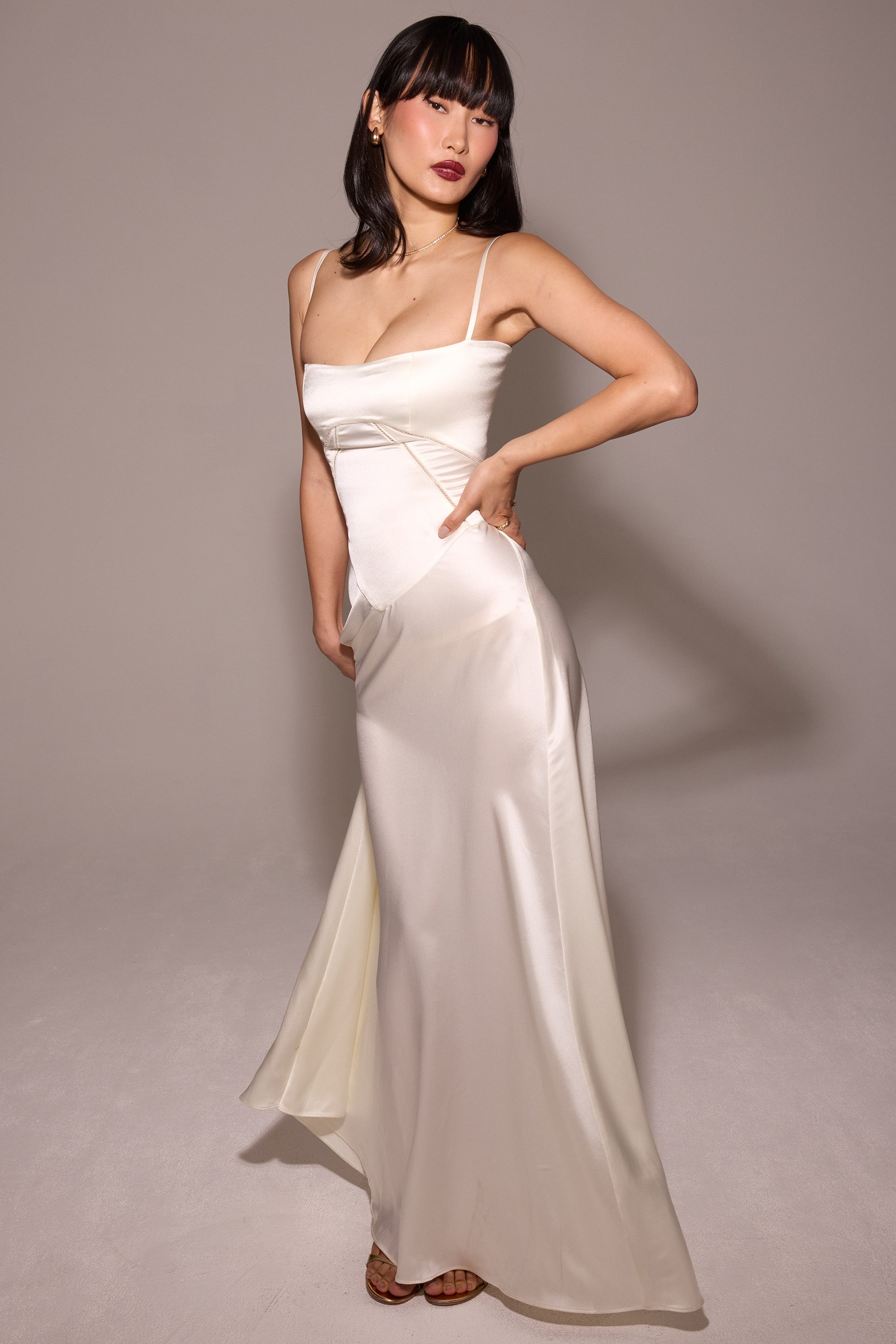 ivory satin lace up maxi dress