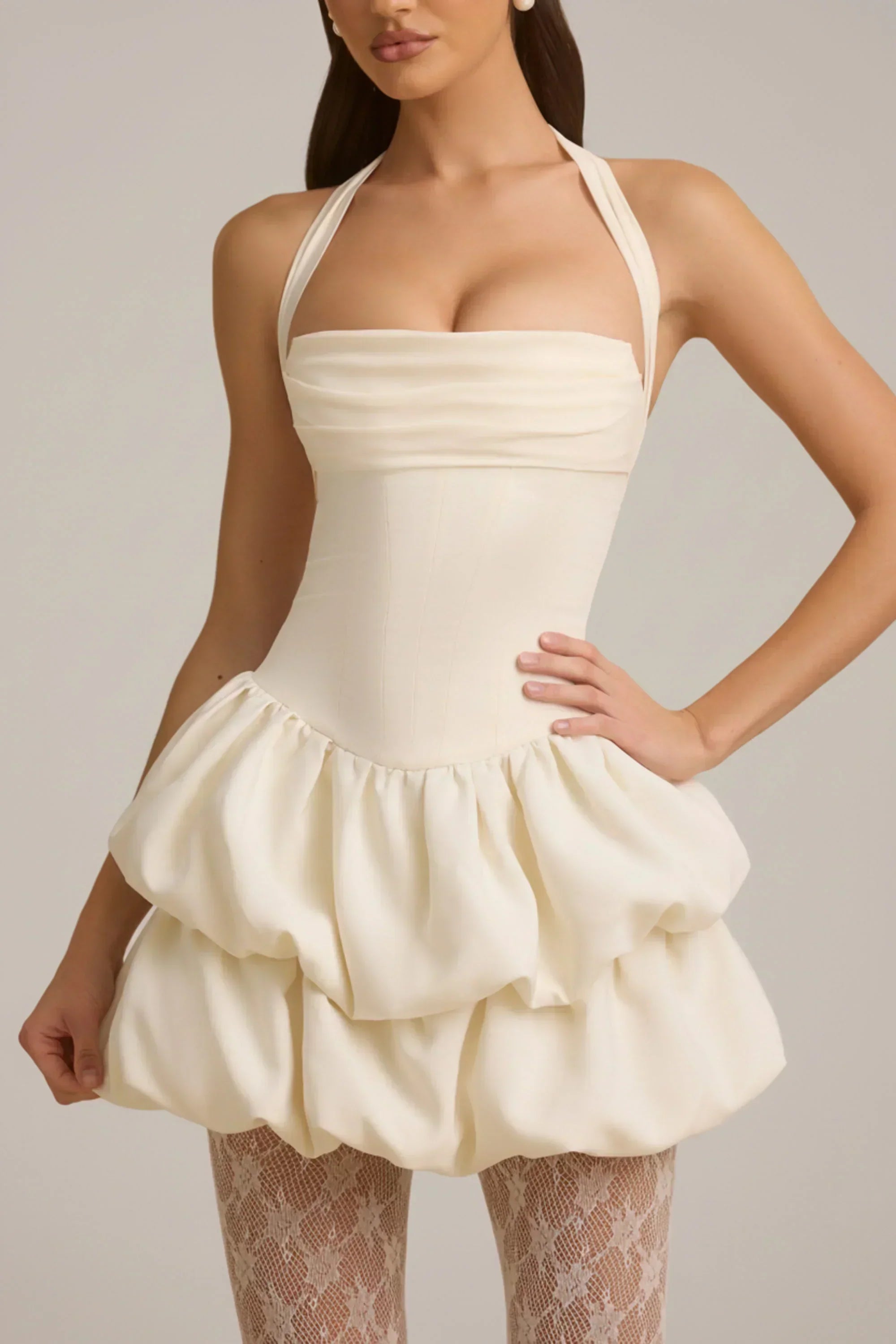 Halterneck Layered Bubble Hem Corset Mini Dress In Ivory