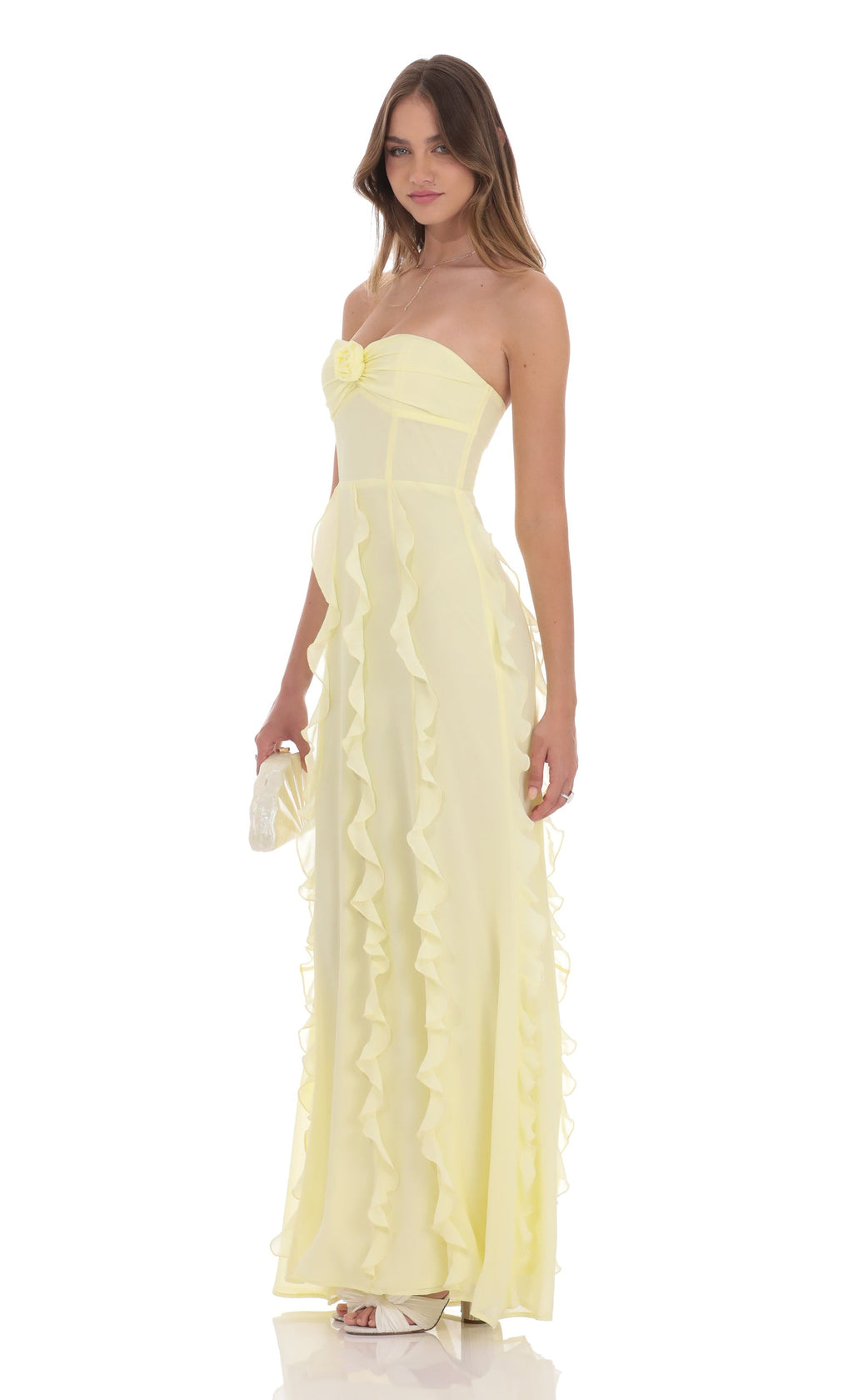 Chiffon Rosette Ruffle Maxi Dress in Yellow