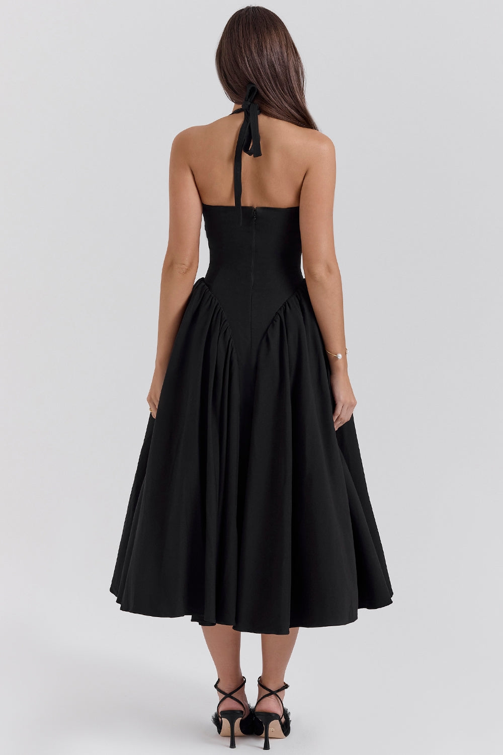 black twill halter midi dress