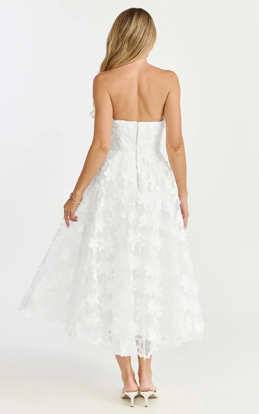 Rheiva Midi Dress - Strapless 3D Embroidery Midi Dress in White