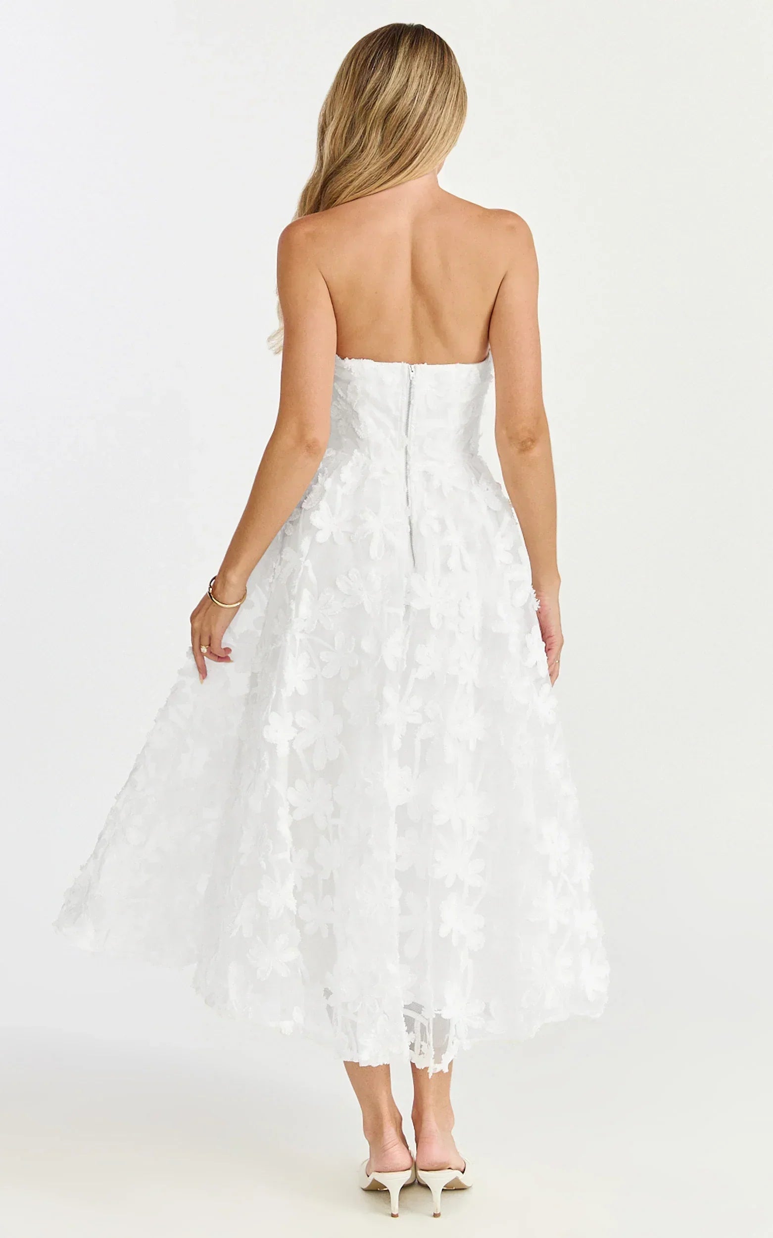 Rheiva Midi Dress - Strapless 3D Embroidery Midi Dress in White
