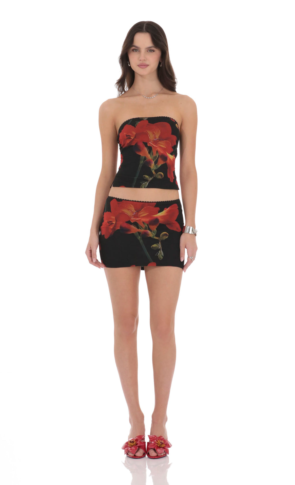 Mesh Floral Tube Top in Black