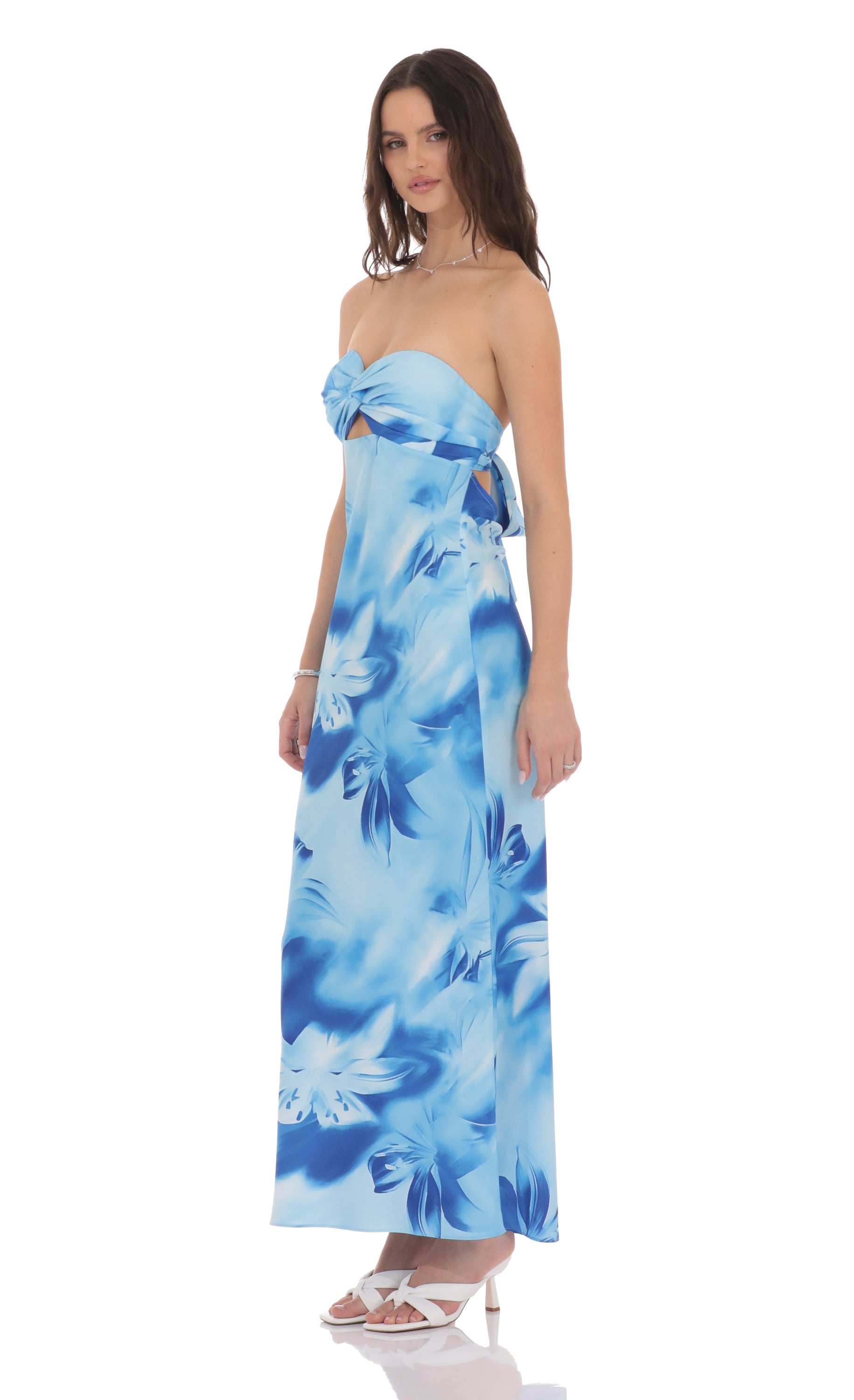 Floral Cutout Strapless Maxi Dress in Blue