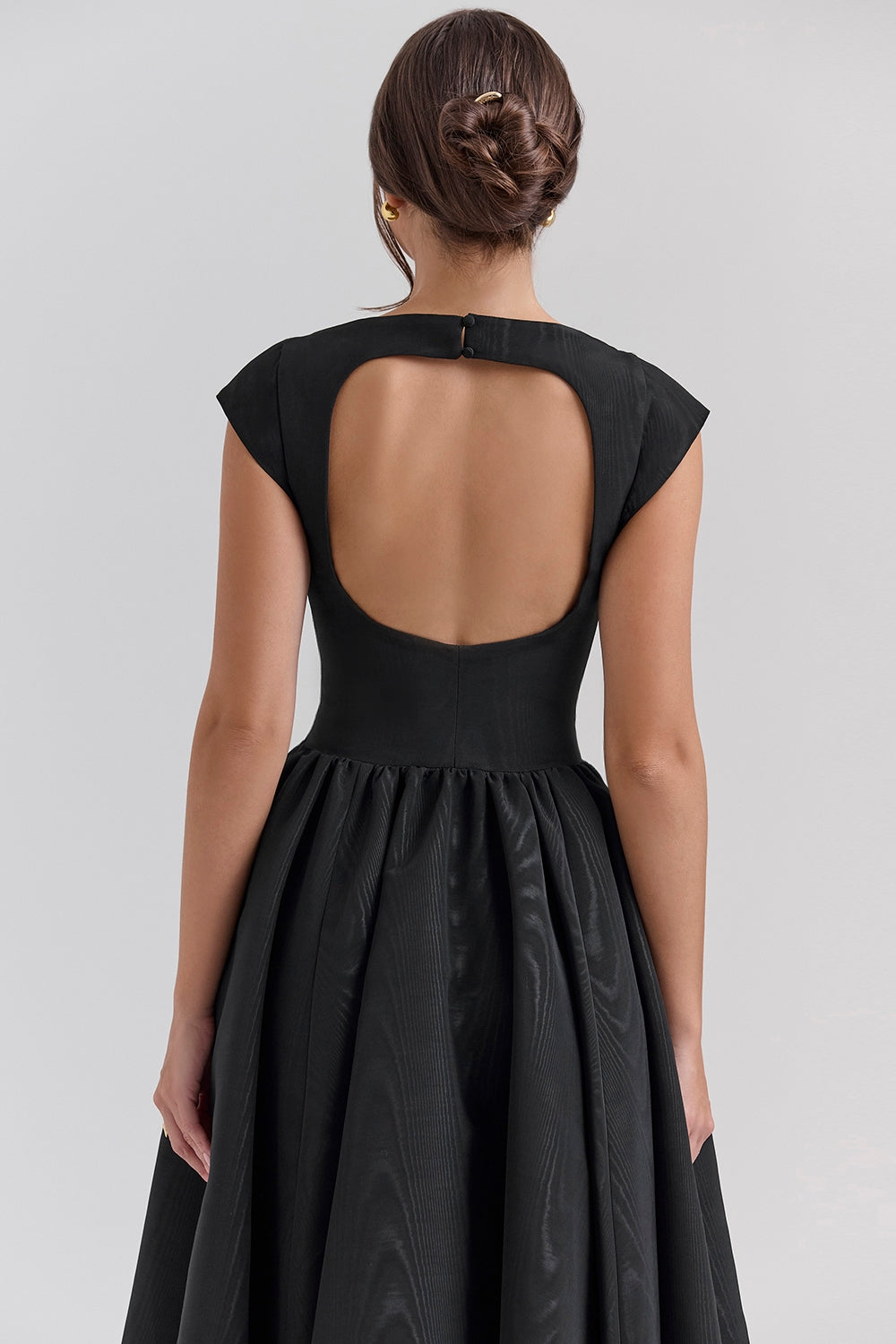black moire satin backless midi dress