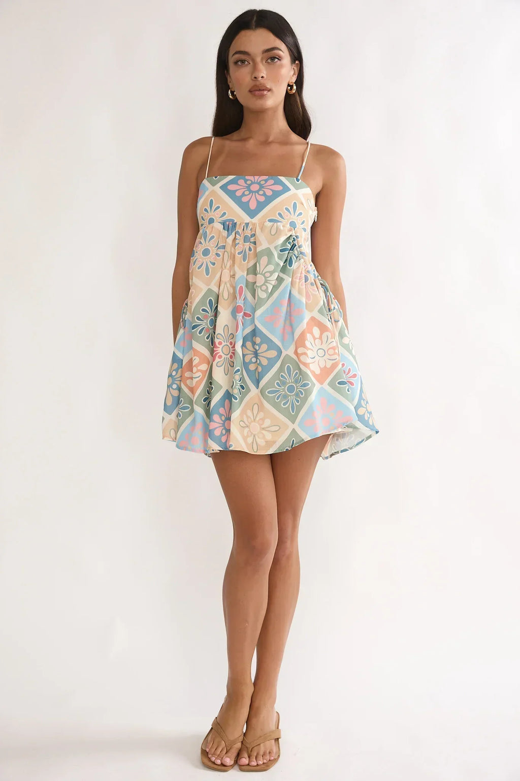 Terenza Tied Back Baby Doll Mini Dress Green Multi