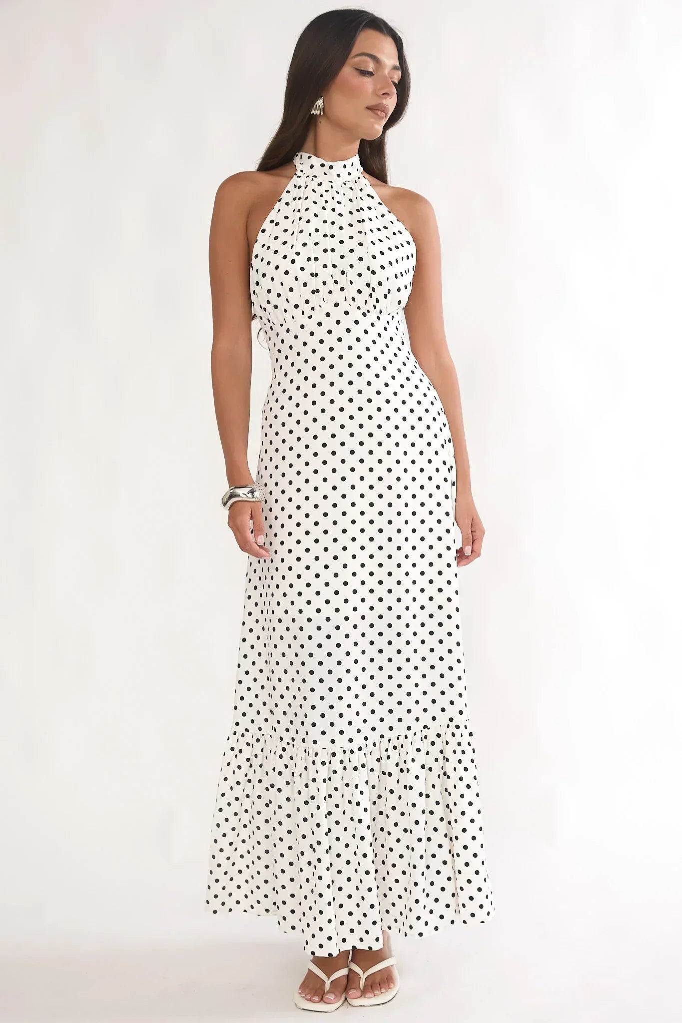 Romana High Neck Halter Maxi Dress Polka Dot White