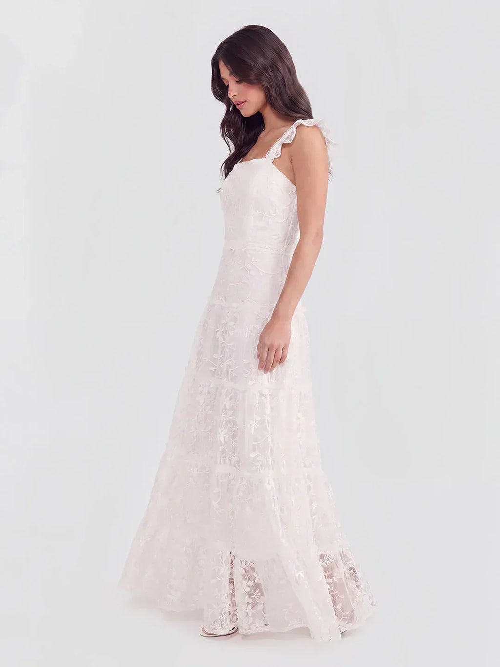 Tiered Vertical Lace Maxi Dress With Square Neckline