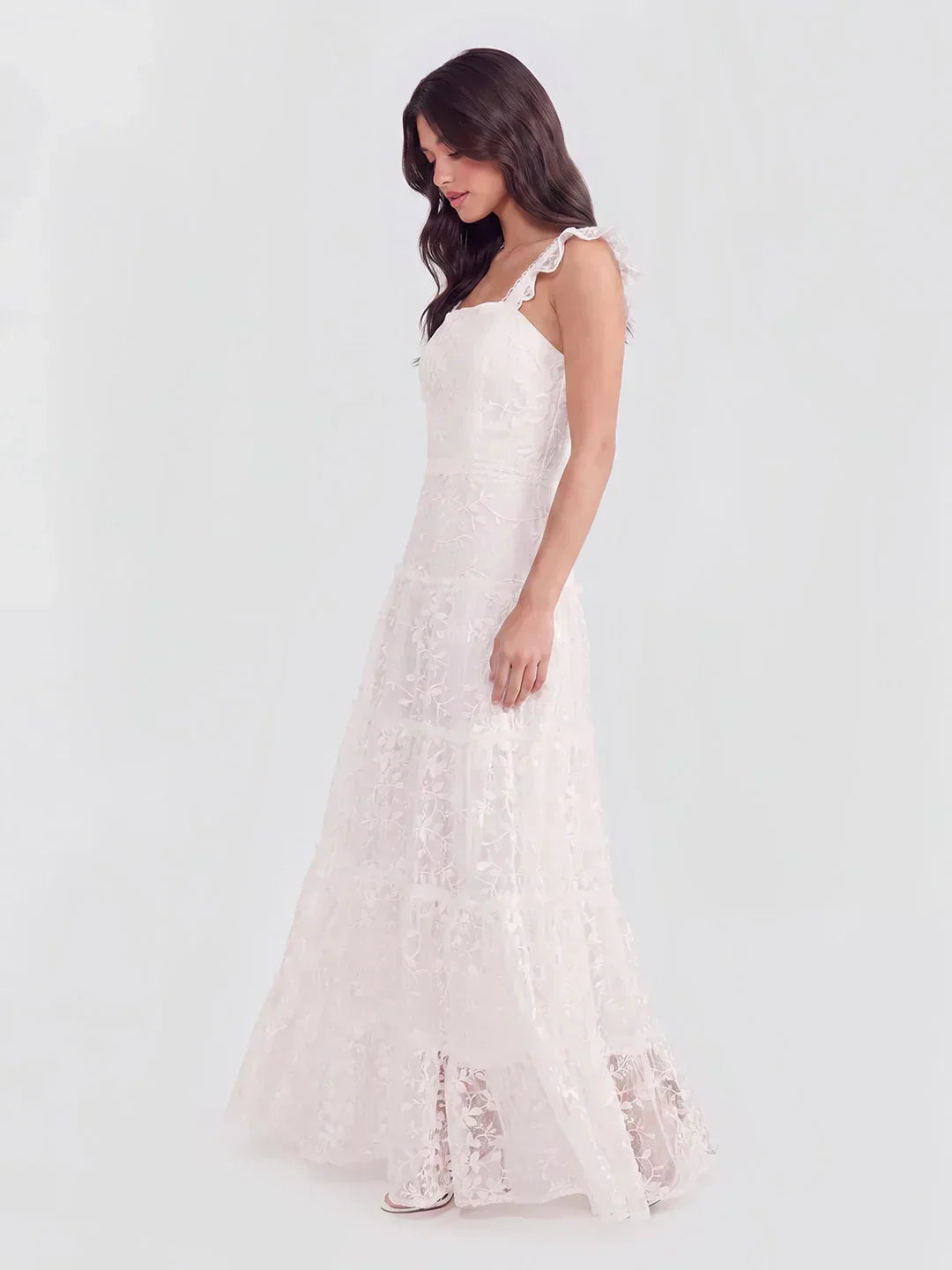 Tiered Vertical Lace Maxi Dress With Square Neckline