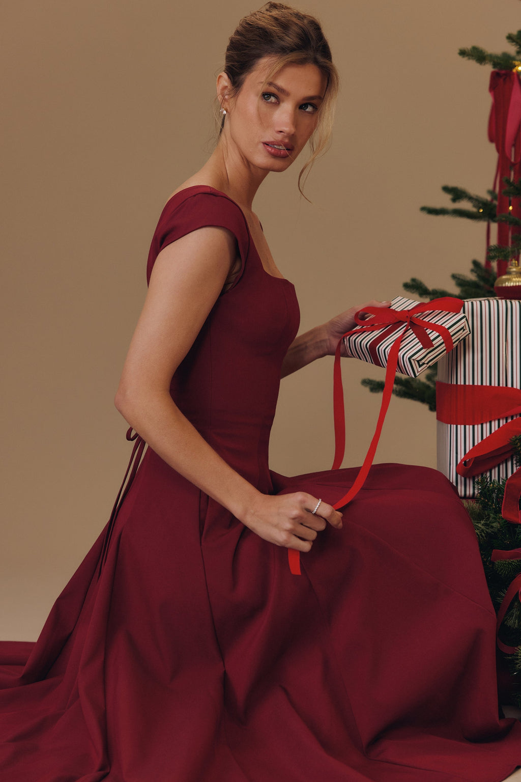 wine lace back twill midi dress